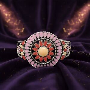 Pink and Coral Floral Stone Cuff Bracelet